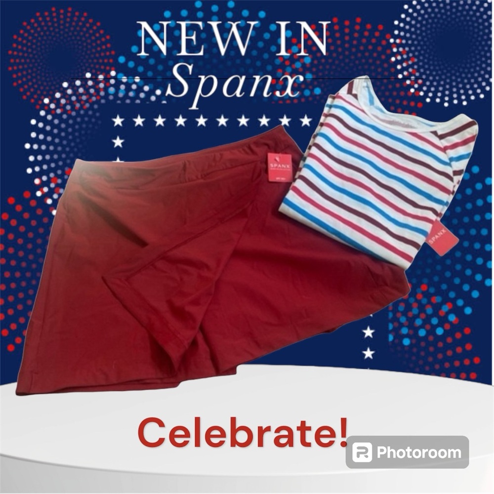 NWT. SPANX Swim Rashguard Ocean Stripe Long SLV Top-Small. 6”Sunshine Skort-Med.